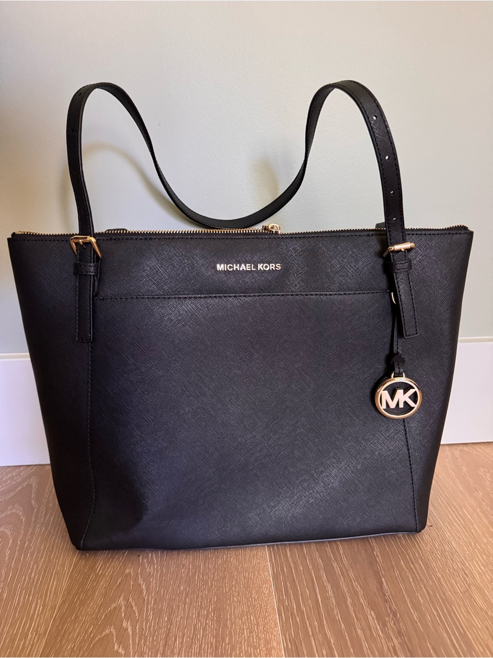 Michael Kors Black Saffiano Leather Tote with Gold MK Charm